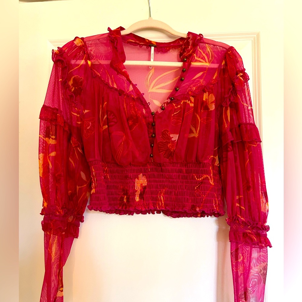 Free People size Small hot pink mesh floral blouse top